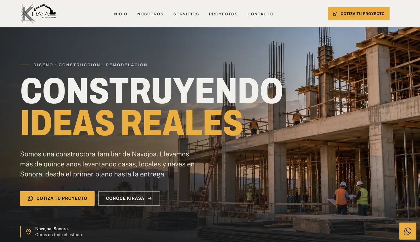 Captura real del sitio web de KIRASA Constructores