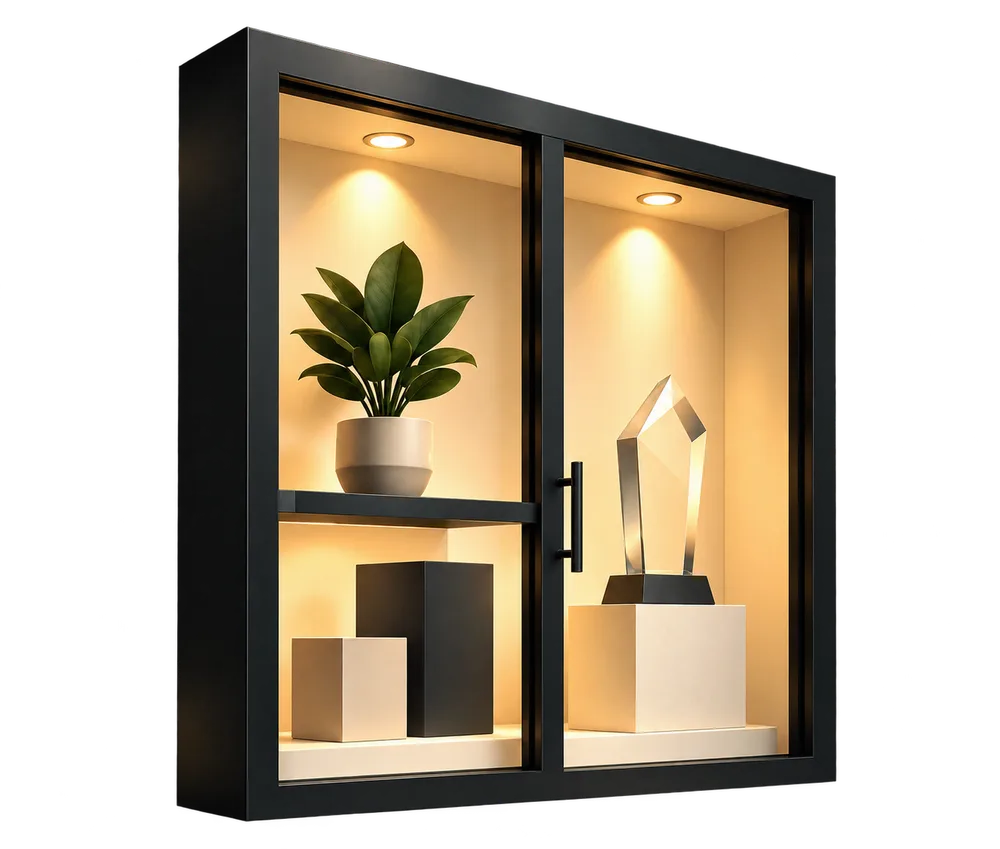 Vitrina iluminada con objetos exhibidos